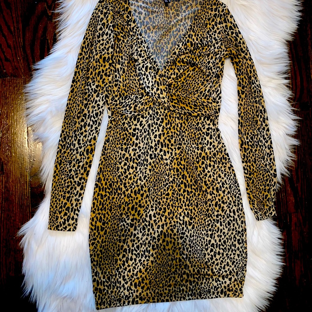 Sexy Cheetah Print Mini Dress Plunge Neck
